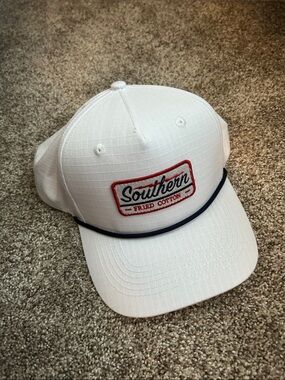 Southern Fried Cotton White Cap with Red Patch and Navy Rope